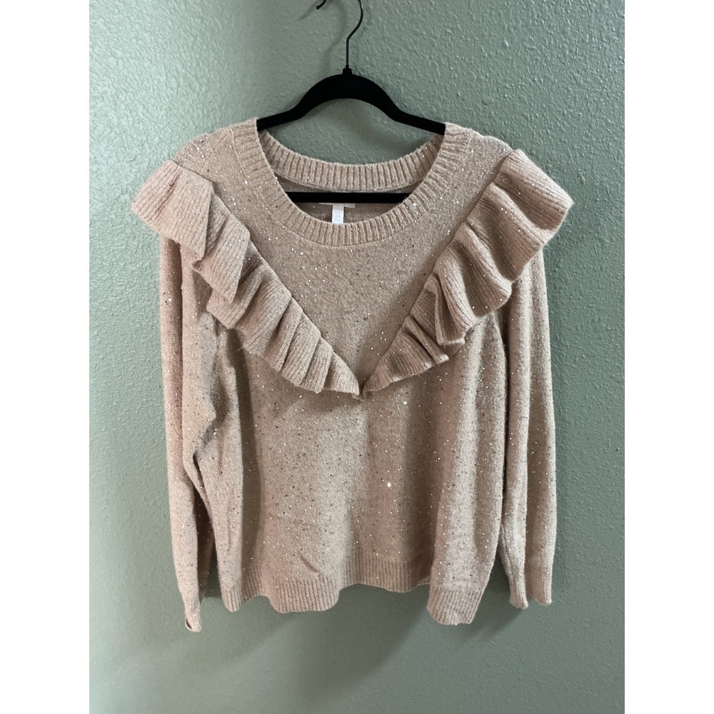 LC Lauren Conrad Womens Plus 2X Sequin Ruffle Sweater Tan Sparkle Party Holiday